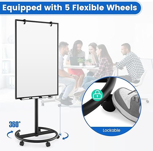 Miniatura 3 de Goplus Pizarra blanca móvil, 40 x 26 pulgadas, altura ajustable, pizarra blanca magnética con soporte redondo estable, clips de papel y bandeja de