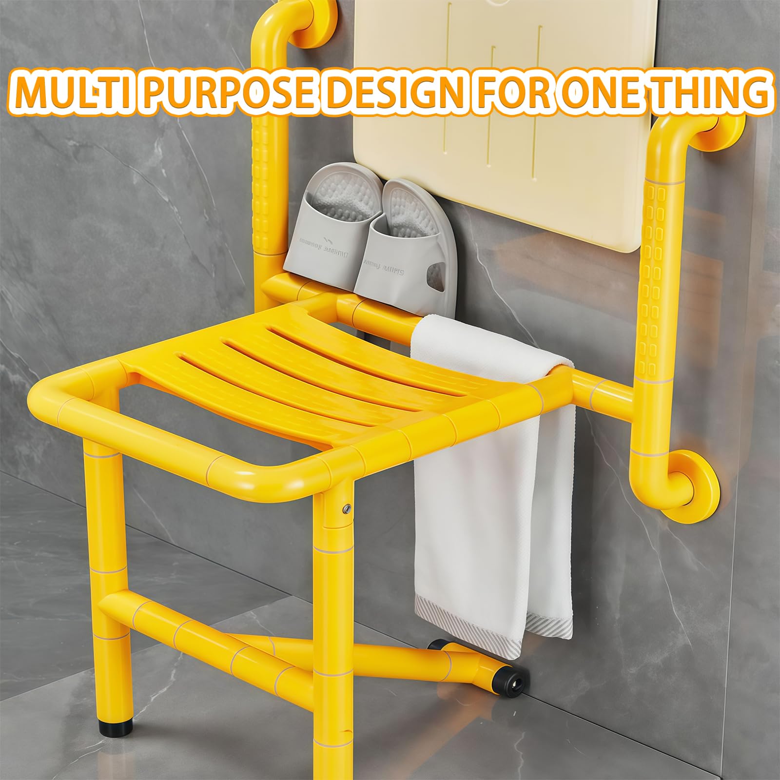 Asiento de ducha plegable, taburete de baño montado en la pared con reposabrazos, diseño antideslizante seguro para personas mayores y discapacitados