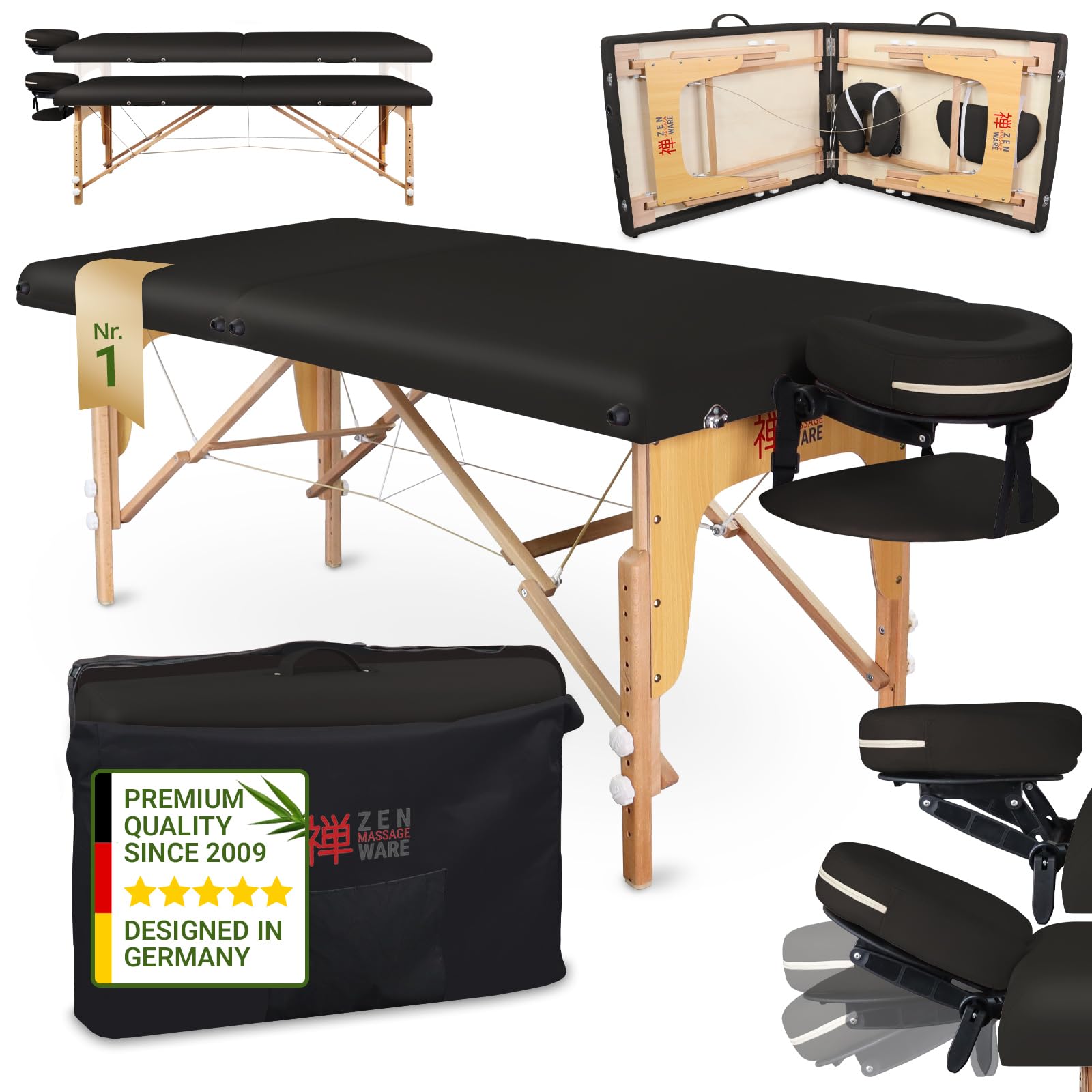 Zen® Startup Massageliege klappbar & Mobile Massagetisch aus Holz, stabile Massagebett - Massagebank höhenverstelbar, Tattoo & Kosmetikliege - Behandlungsliege mit Kopfteil - Schwarz