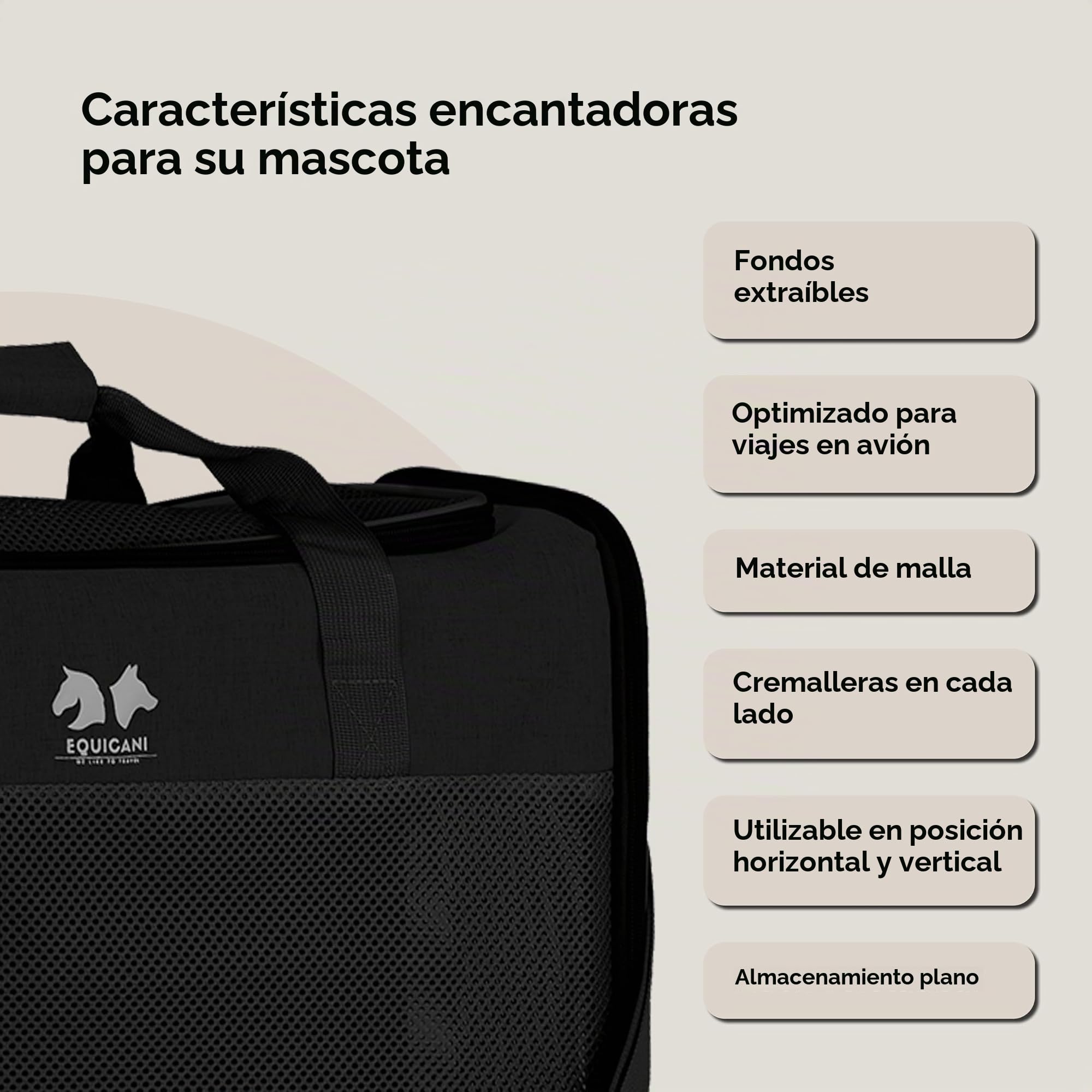 EQUICANI® Bolsa para perros, 55 x 40 x 23 cm, plegable, ligera, con tejido de malla, correa y base extraíble para perros y gatos, para viajes, coche, vuelo (negro)