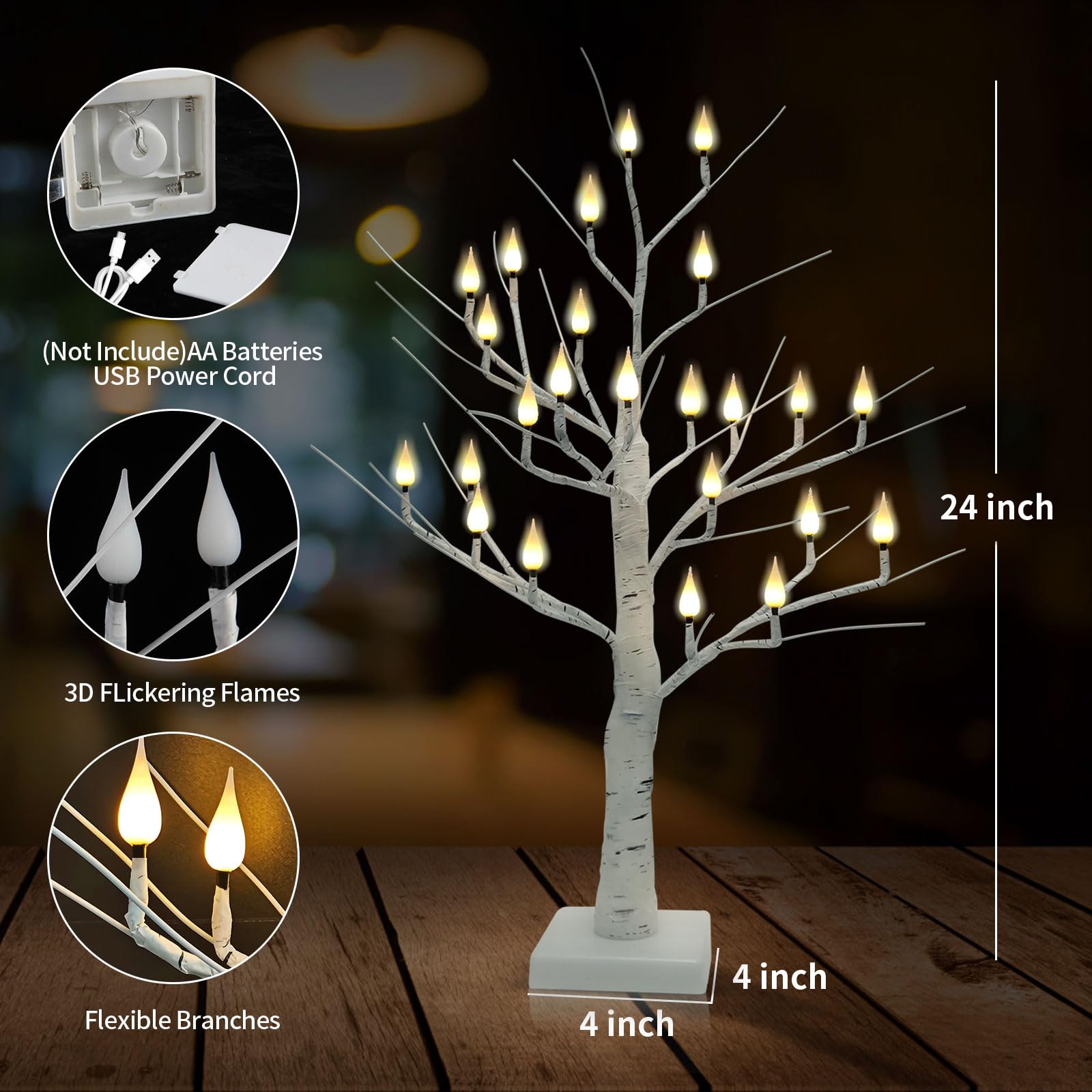 2ft Lighted Birch Tree With 24 LED Flameless Candles - USB/Battery Operated Christmas Mantel Decor