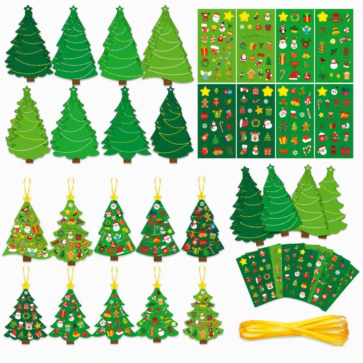 SINJAETRQ 24 Sets Christmas Tree DIY Card Stickers with Golden Ribbons, 7.85x12.5cm Paper Craft Kits, Holiday Party Favors, Creative Xmas Decorations and Gifts