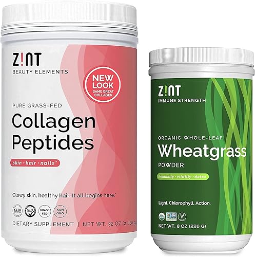 Zint Beauty Immunity - Paquete de péptidos de colágeno alimentados con pasto en polvo (32 onzas) + polvo de hierba de trigo orgánico (8 onzas)