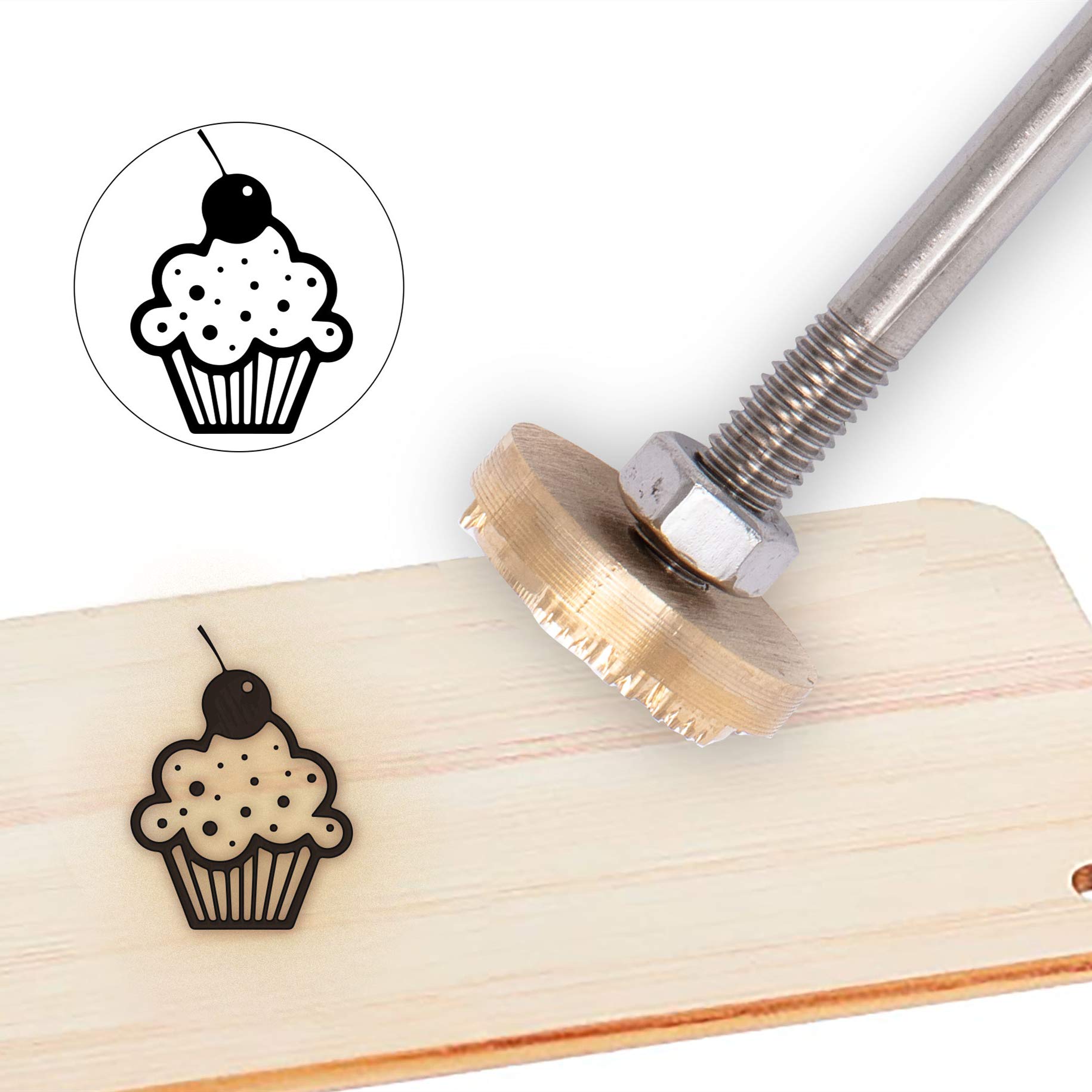 ELBME Wood Branding Iron 1.2” Leather Branding Iron Stamp Custom Logo BBQ Heat Stamp with Brass Head and Wood Handle for Woodworking and Handcrafted Design - Cup Cake