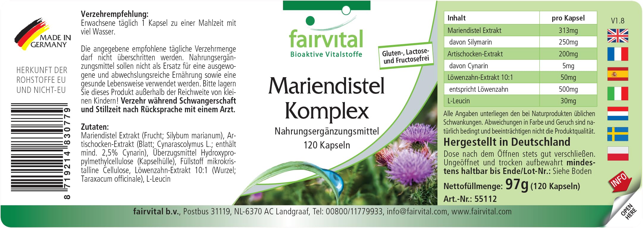fairvital Mariendistel Komplex, 120 Kapseln mit Artischocke + Löwenzahn, Bitterstoff-Kapseln, 100% vegan