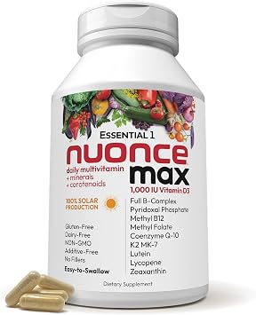ANDREW LESSMAN Essential-1 nuonce max Multivitamin 1000 IU Vitamin D3 60 Small Capsules. 100 mcg Methyl B12. CoQ10 Lutein Lycopene Zeaxanthin. High Potency. No Additives. Ultra-Mild One Daily Capsule