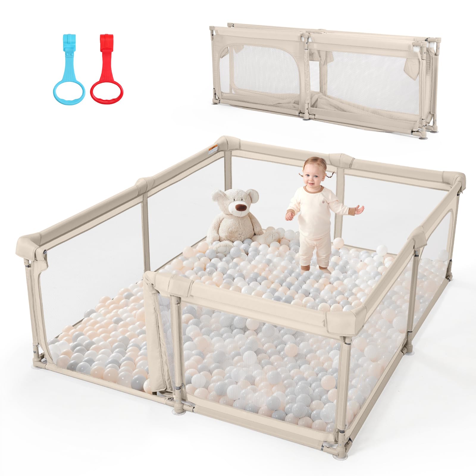 Baby Playpen,79"x59" Foldable Playpen for Babies and Toddlers with Gate,Large Play Pen with Zipper Door,Baby Play Pen Play Area(Khaki)