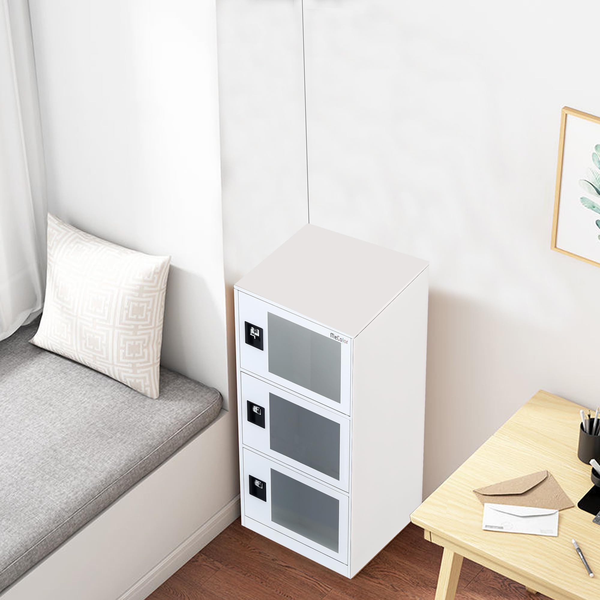 MECOLOR Taquilla Vertical Transparente con candado, taquilla de Gimnasio, taquillas de empleados, casillero de Metal para Oficina, casillero de Almacenamiento de 2 o 3 Niveles (G3V, Blanco Completo)
