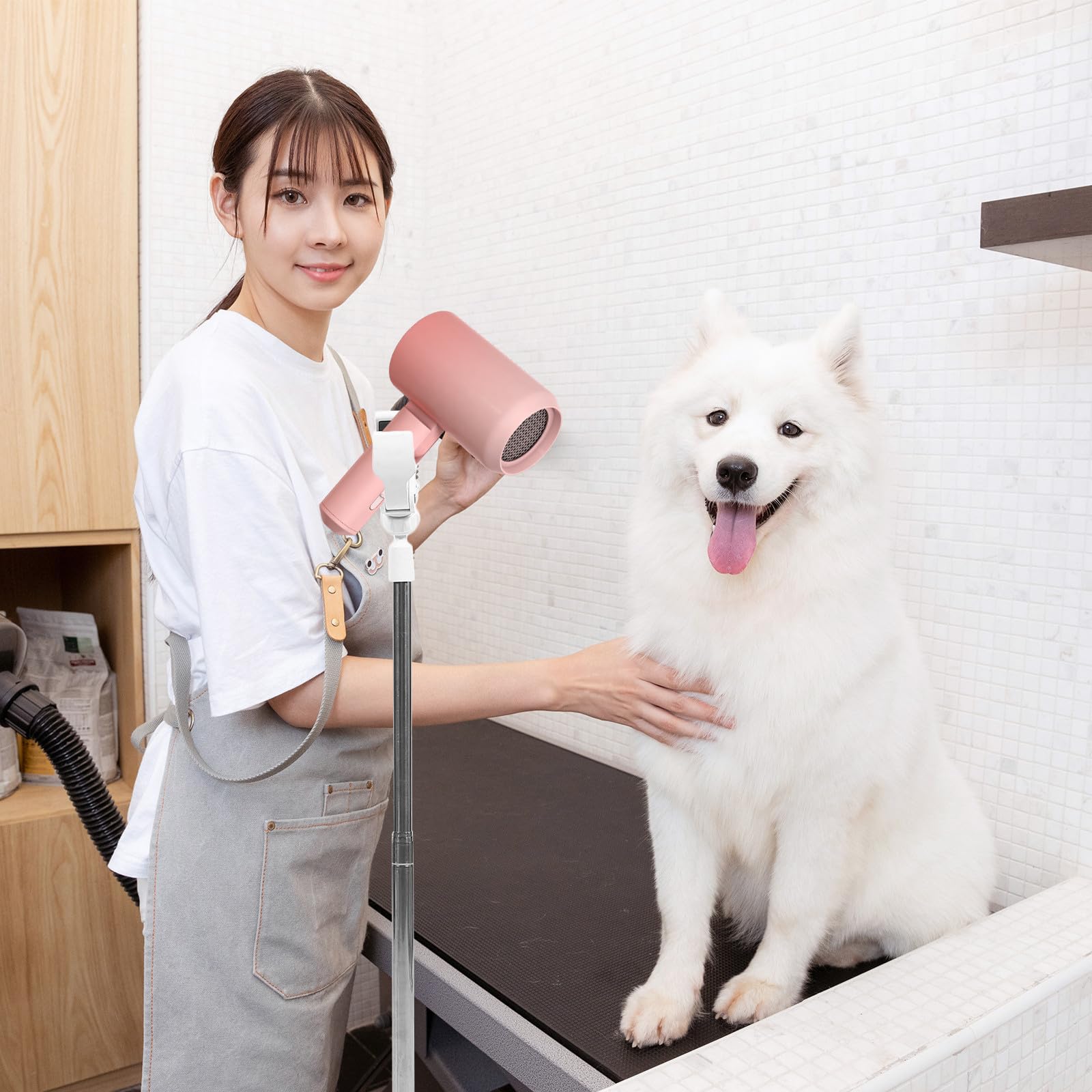 Supporto in Acciaio Inox e Plastica e Altezza da 30 a 140cm con Morsetto Regolabile da 6cm Base Stabile per Toelettatura Mani Libere per Asciugacapelli per Animali Domestici