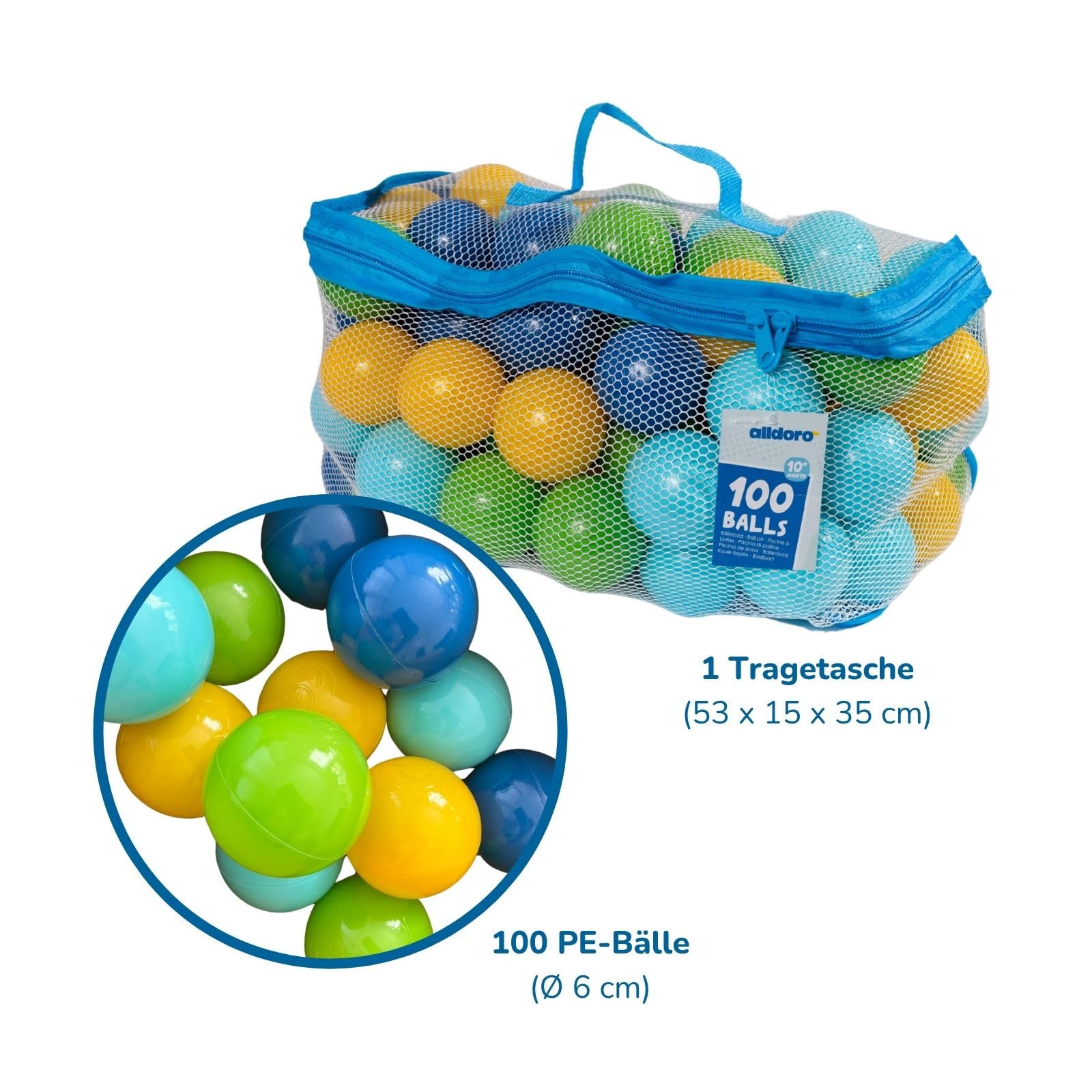 alldoro 60382 100 palline per piscina di palline in plastica, ognuna di 6 cm di diametro, colorate, per bambini, inclusa borsa di trasporto in rete