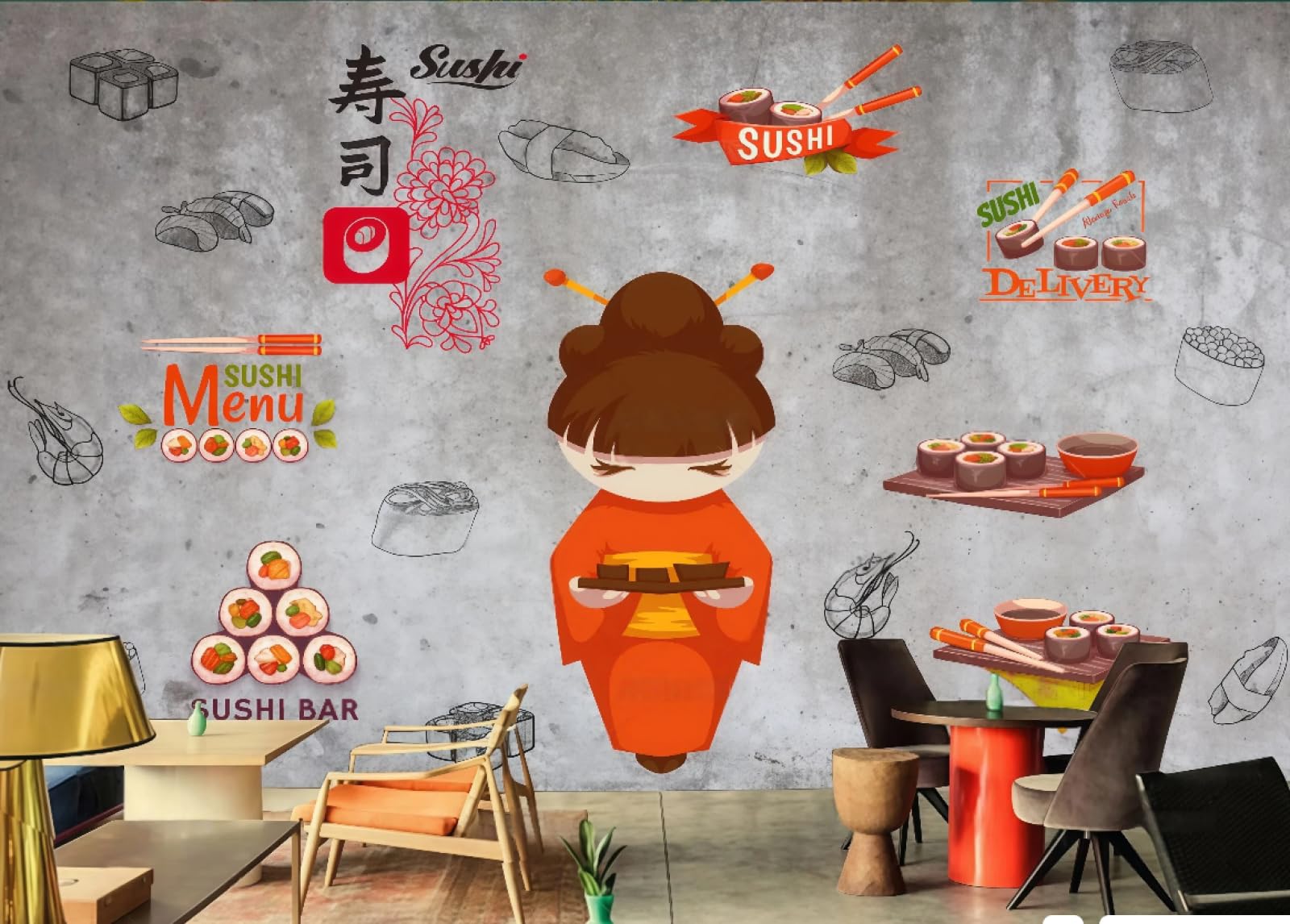 rskjdghshd Wallpaper Retro Nostalgic Cement Wall Hand-Painted Sushi Shop Afternoon Tea Cake Shop Catering Background Wall Western Restaurant Wallpaper Cafe Mural,3D,300x210cm