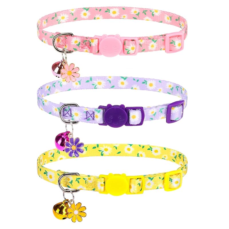 Coleira para gatos com sino e pingente, fecho de segurança ajustável VKPETFR – Style A - Flower, pacote com 3