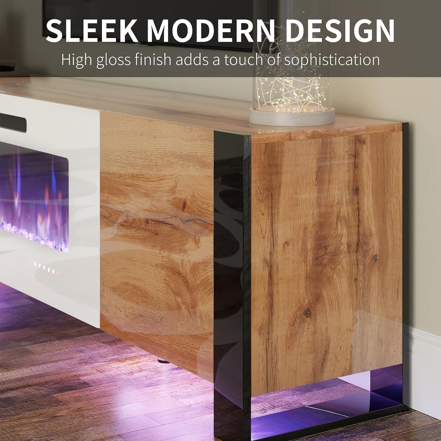 VanAcc 70" Fireplace TV Stand with 36" Electric Fireplace, High Gloss Entertainment Center with LED Lights, Modern Entertainment Stand for TVs up to 80", Rustic Oak&White
