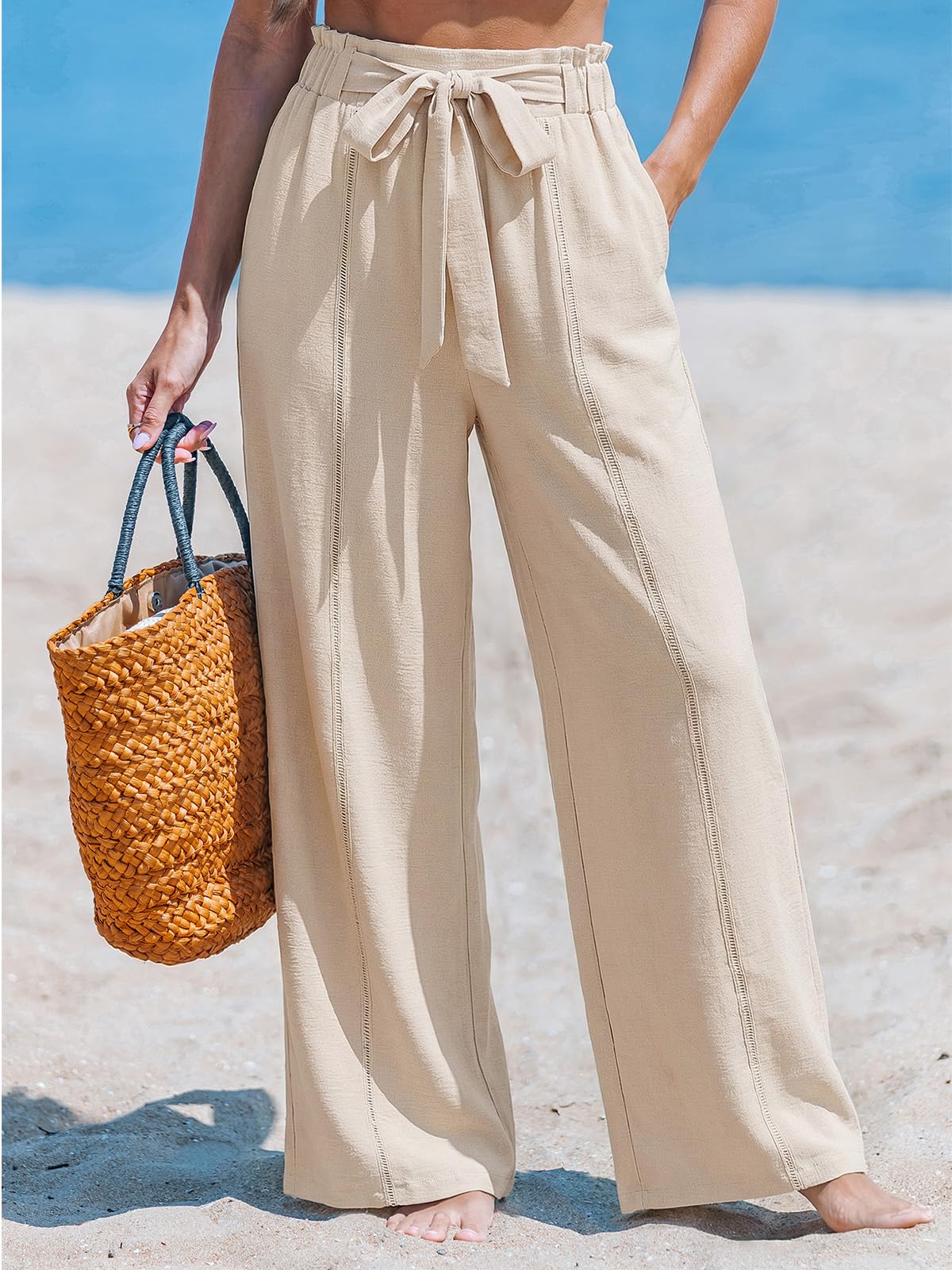 CUPSHE Pantalon d'été pour femme - Jambes larges - Taille haute - Ceinture à nouer - Poches - Palazzo - Pantalon long avec taille smockée - Dentelle crochetée - Élégant - Plage - Loisirs