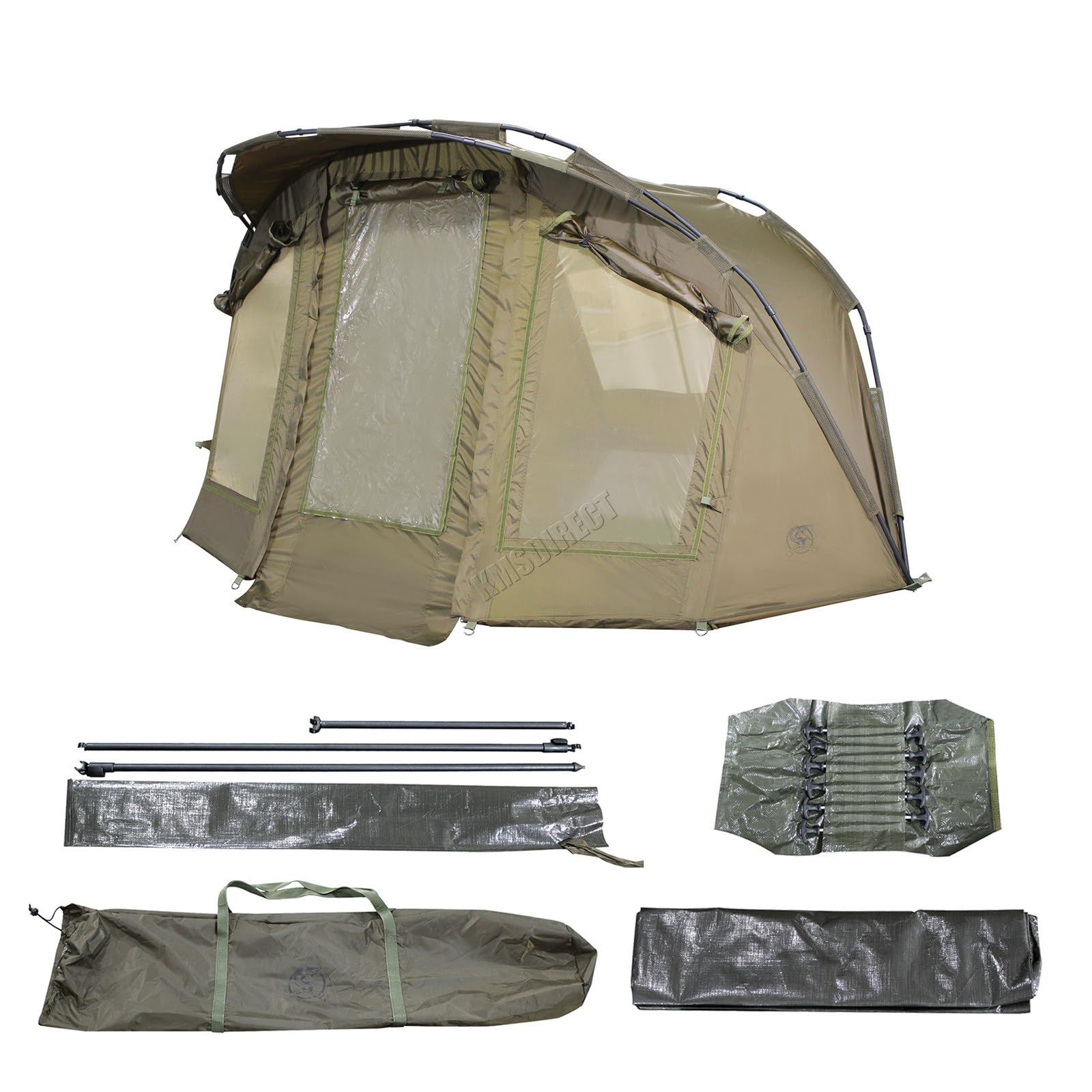 CARPZILLA Fishing Bivvy 1 Man With Door And Windows Waterproof 210D PU Aluminum Frame Portable Outdoor Shelter Camping Fishing Tent Shelter Carp Gear Equipment Ground Sheet Carry Bag 12 T Pegs Green