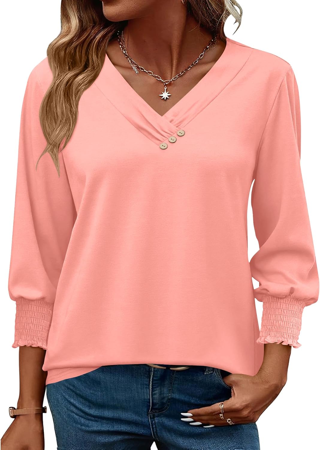 LOMON Blouses for Women Dressy Casual 3/4 Length Sleeve Womens Tops with Buttons Decor - Image 2