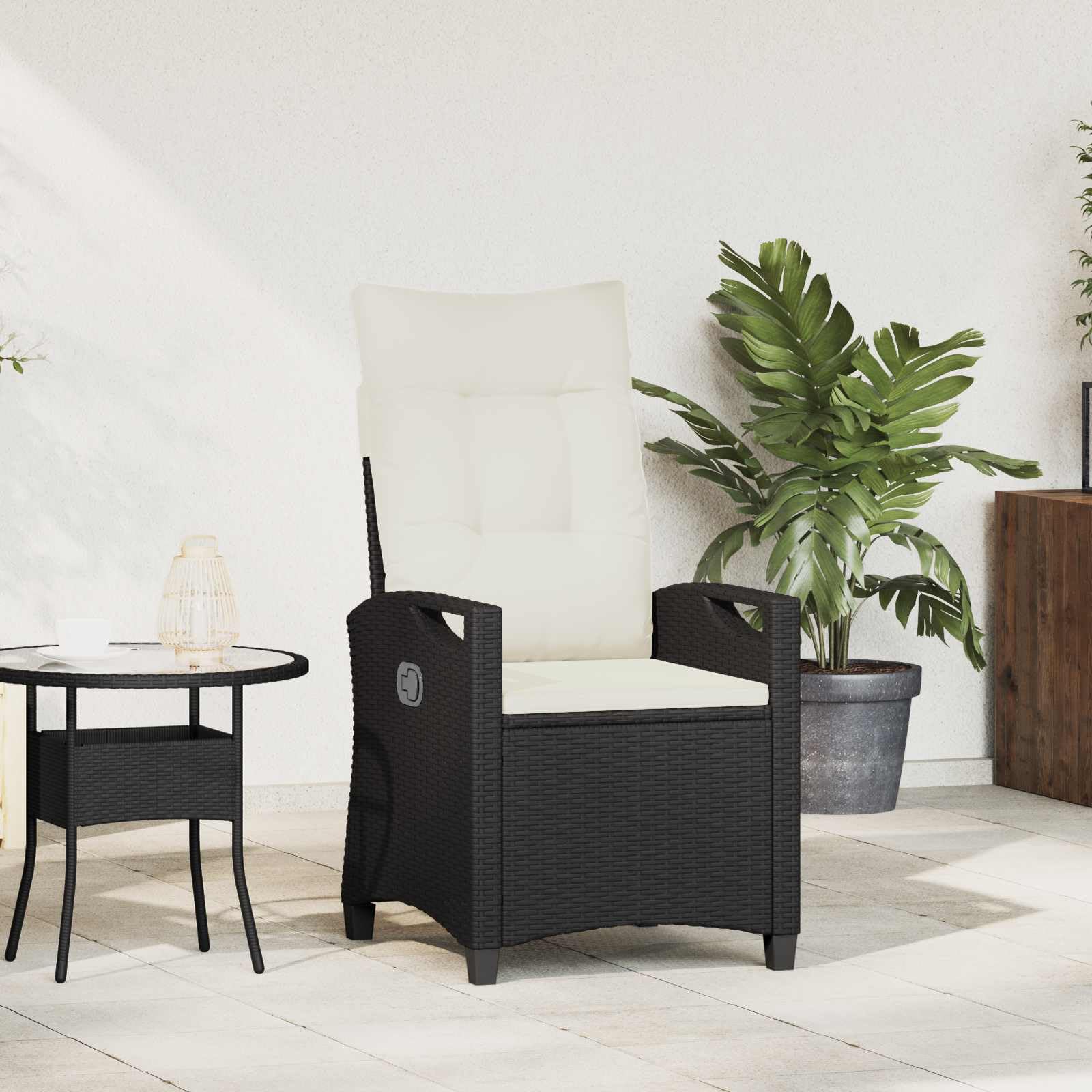 Krzesło ogrodowe regulowane, czarno-kremowe, polirattan, składany stół, 56 x 60 x 112 cm, odporny na warunki atmosferyczne, wygodny fotel ogrodowy na balkon i taras