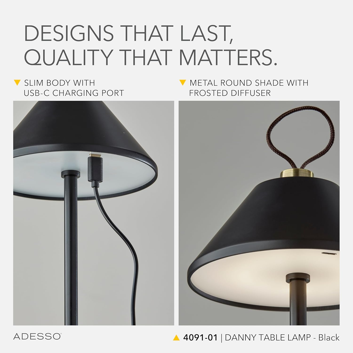 Adesso Cordless Table Lamp with 3-Level Touch Dimmer & Built-in Rechargeable Battery – 14" Tall Touch Lamp, Black Finish