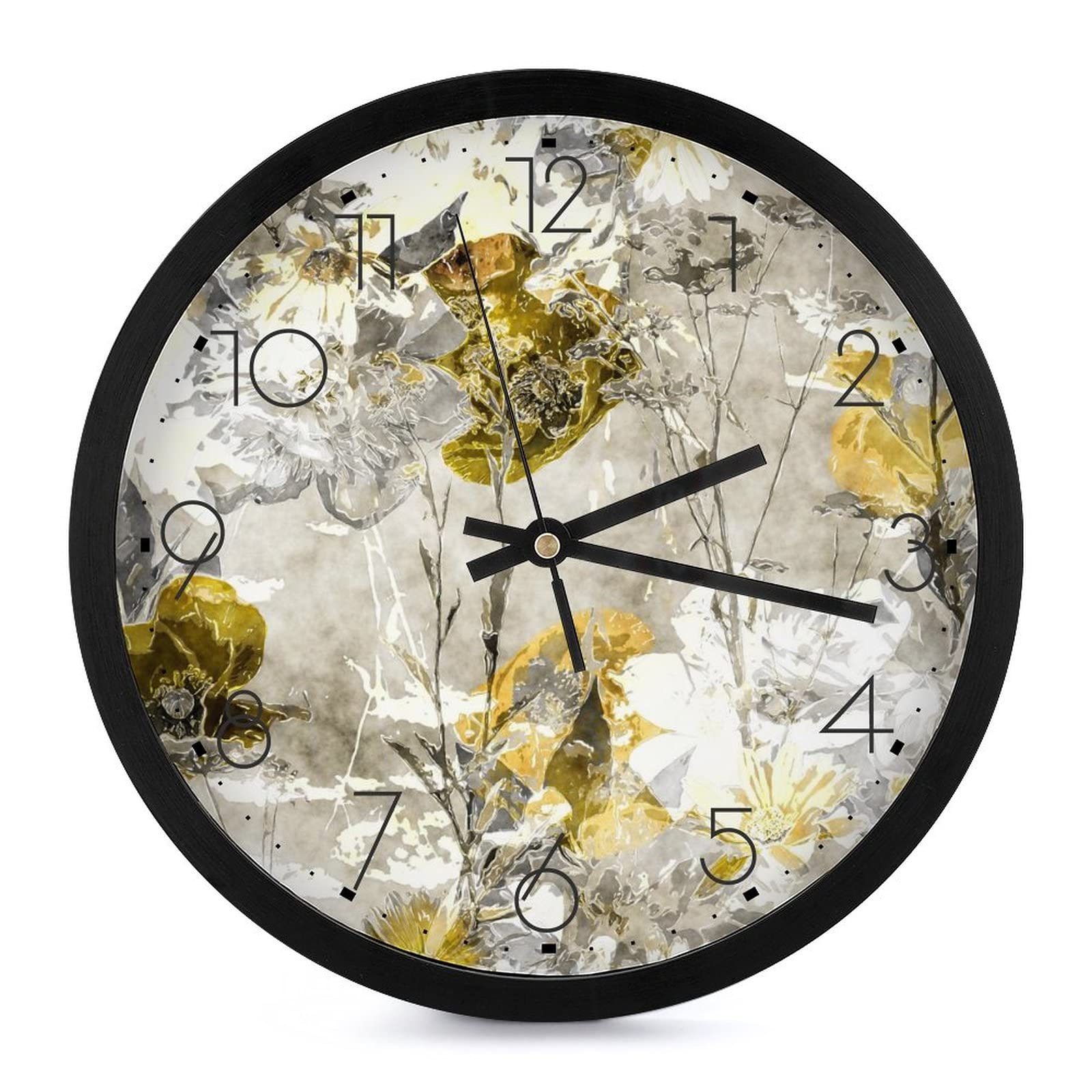 Horloge murale ronde grands chiffres pendule fleurs grises 25.4cm