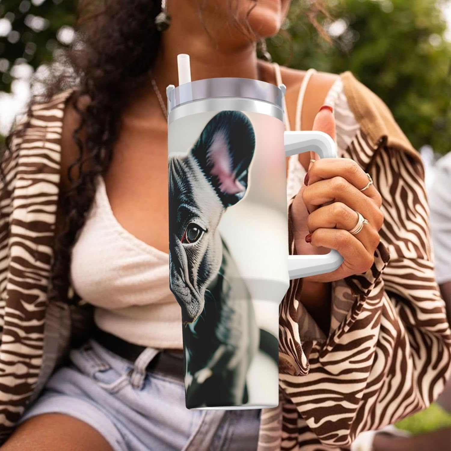 40 OZ Adorable French Bulldog Print Ice Bully Cup with Handle Straw Lid Straw,Stainless Steel Tumbler Coffee Cup