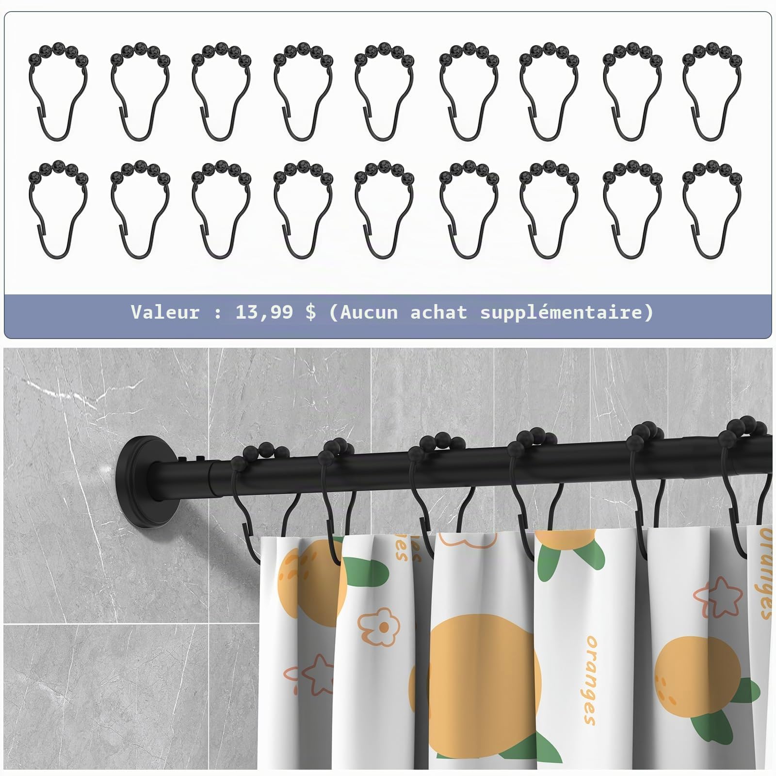 Tringle à Rideau de Douche L Sans Perage Barre De Douche Angle Extensible Acier Inoxydable 70-100 x 90-120cm Avec 24 Anneaux de Rideaux,pour Salle de Bain Baignoire Magasin de Vtements -Noir