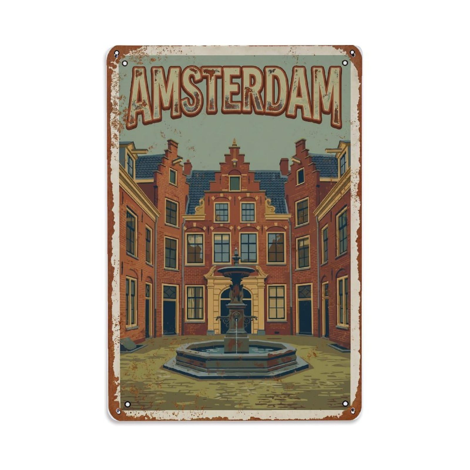 Vintage Travel Courtyard Netherlands Brick Metal Tin Sign Plaque Wall Decor for Cafe, Club Bar, Office, Home Garden Metal Poster 8x12Inch