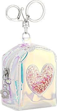 Clear PVC Storage Keychain Bag-Mini Portable Pouch, with Heart Shape Flash Design and Keychain, Lipstick/Cosmetic Cute Bling Bag, Women & Girls Travel Gift