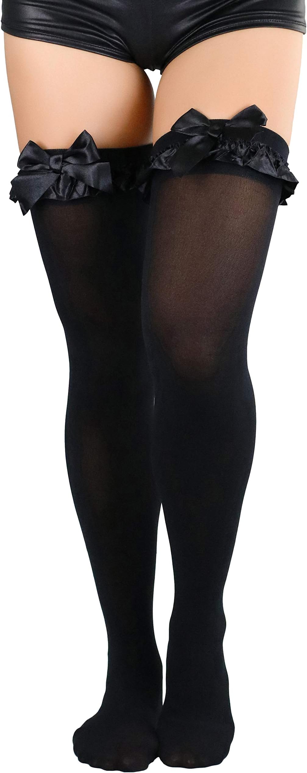 ToBeInStyle Women’s Sexy Lace Ruffle Top w/Opaque Bow Fishnet Thigh Highs