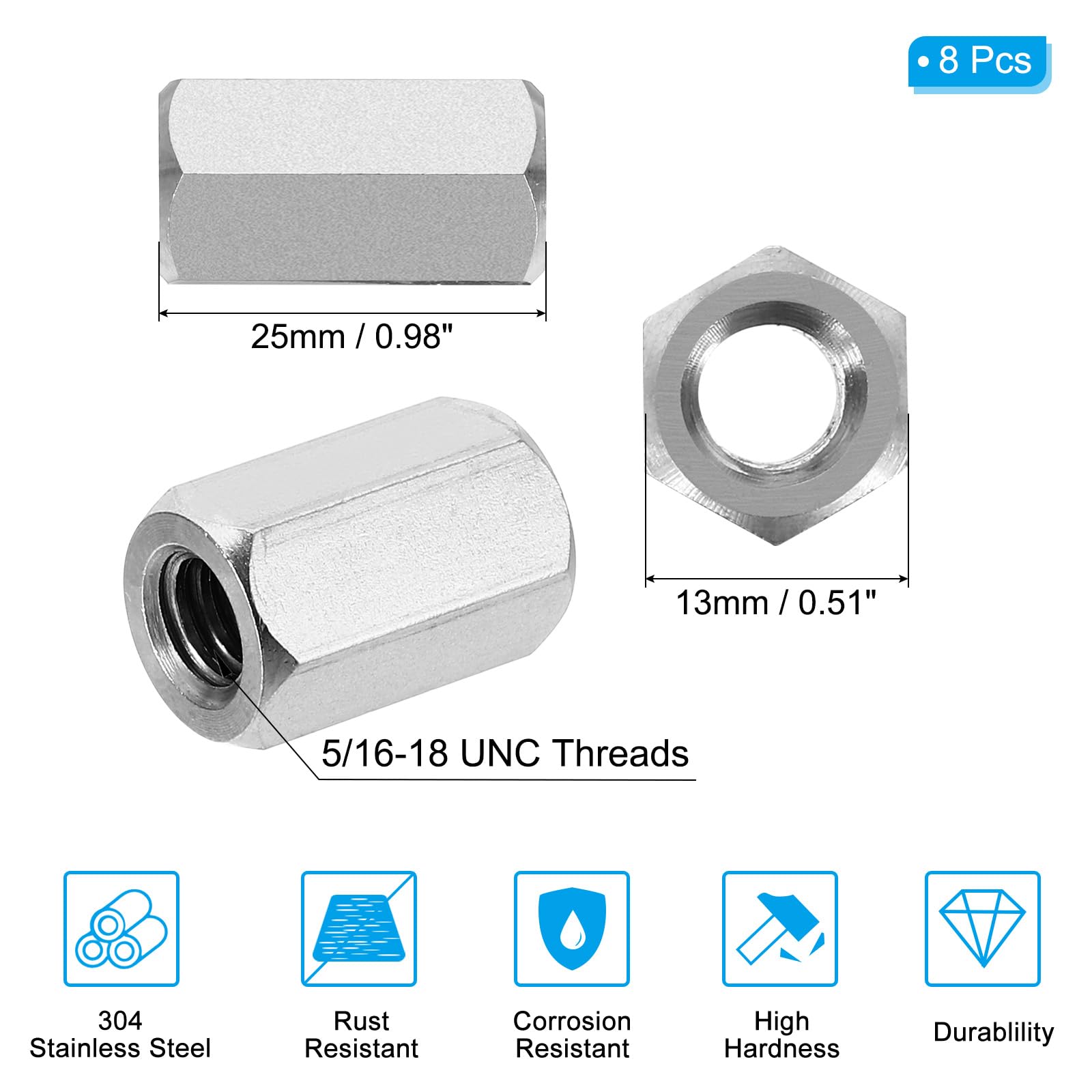 PATIKIL 5/16"-18 UNC 304 Stainless Steel Hex Coupling Nuts - Image 2
