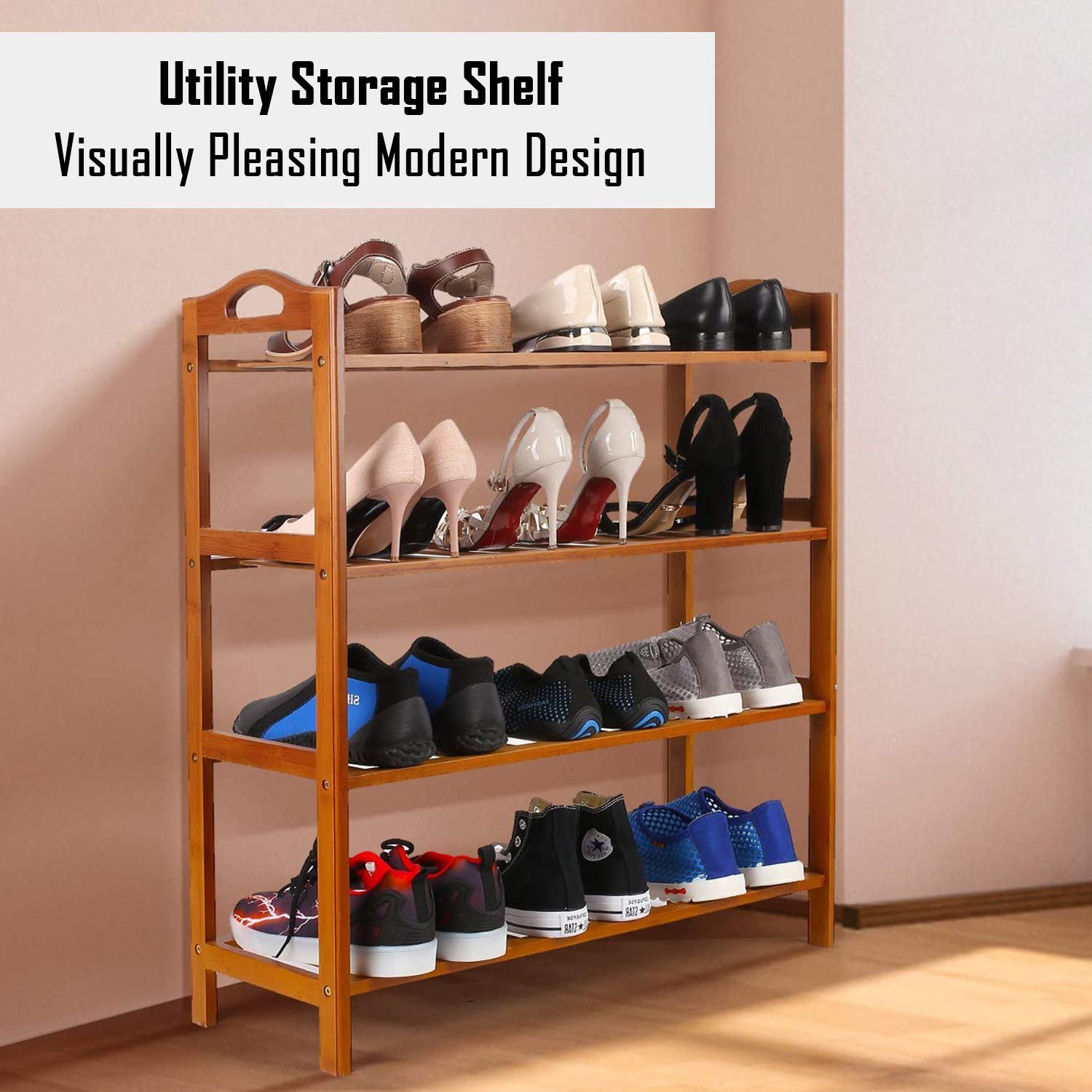 HIDEN Pine Wood Shoe Rack Wooden Slipper Stand Utility Rack