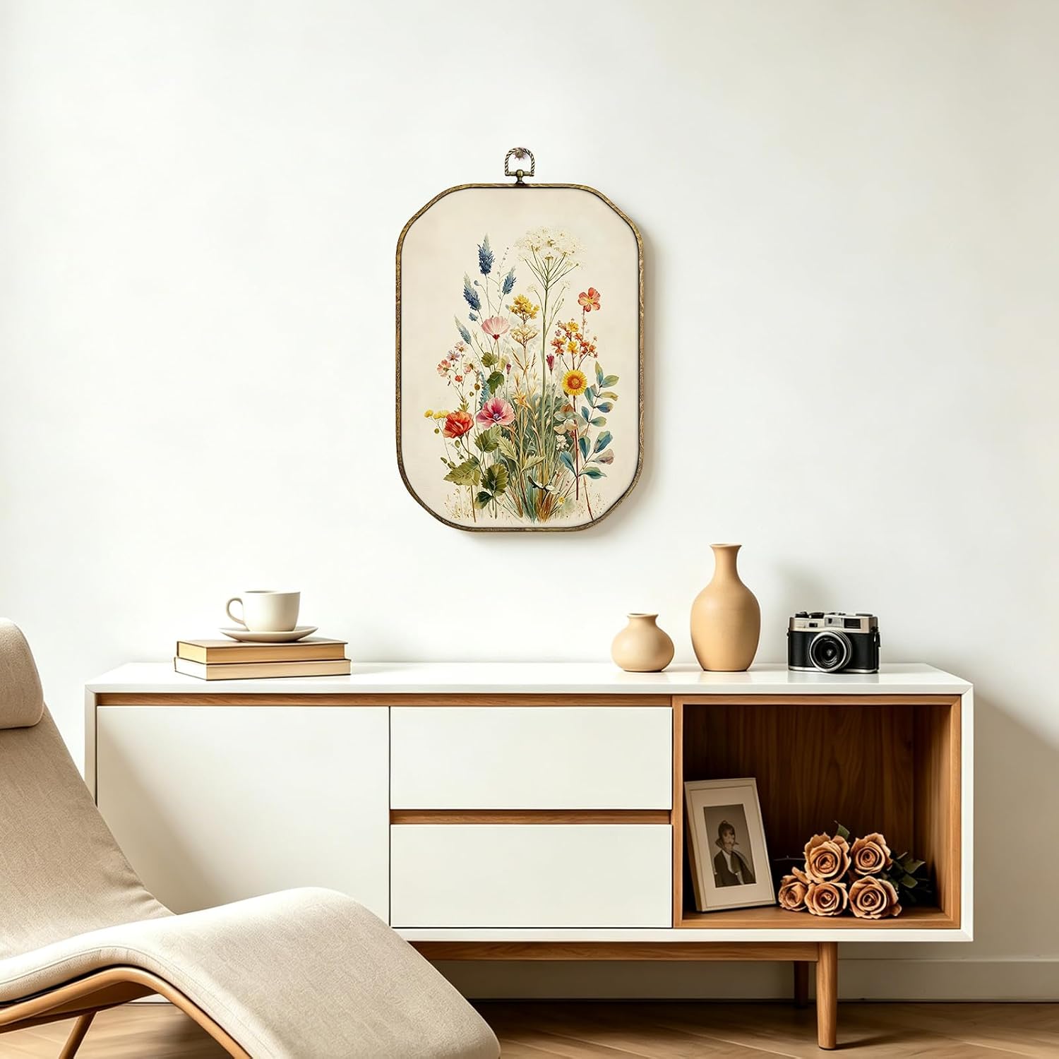 XiZoDinia Octagonal Framed Vintage Pressed Wildflower Wall Art, 7.5x10.2 Inch Faux Wood Antique Floral Wall Decor, Soft Neutral Botanical Sketch Print, Aesthetic Mural for Bathroom Living Room Bedroom, Plant Lover Gift (Wildflowers) image 5
