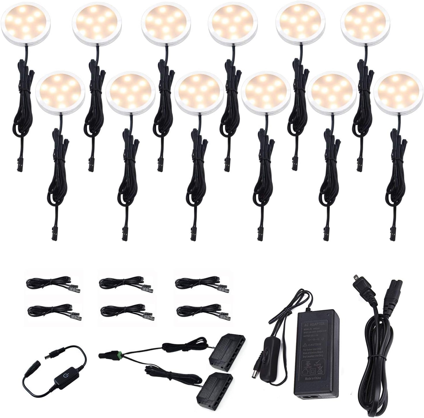 LED Under Cabinet Lighting, 12V Under Counter Lights, Touch Dimming Puck Lights, Hardwired or Plug in with UL Listed Adapter, Updated Home Light, Accent Lights 24W (12 Lights Warm White)