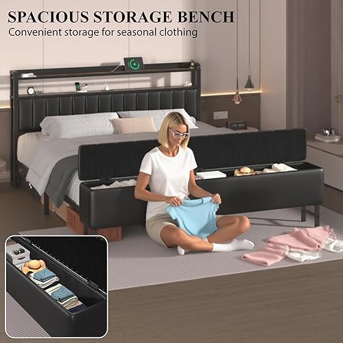 Miniatura 5 de Estructura de cama de tamaño completo con cabecera y proyector de estrellas, estructura de cama tapizada en metal con estación de carga, estructura