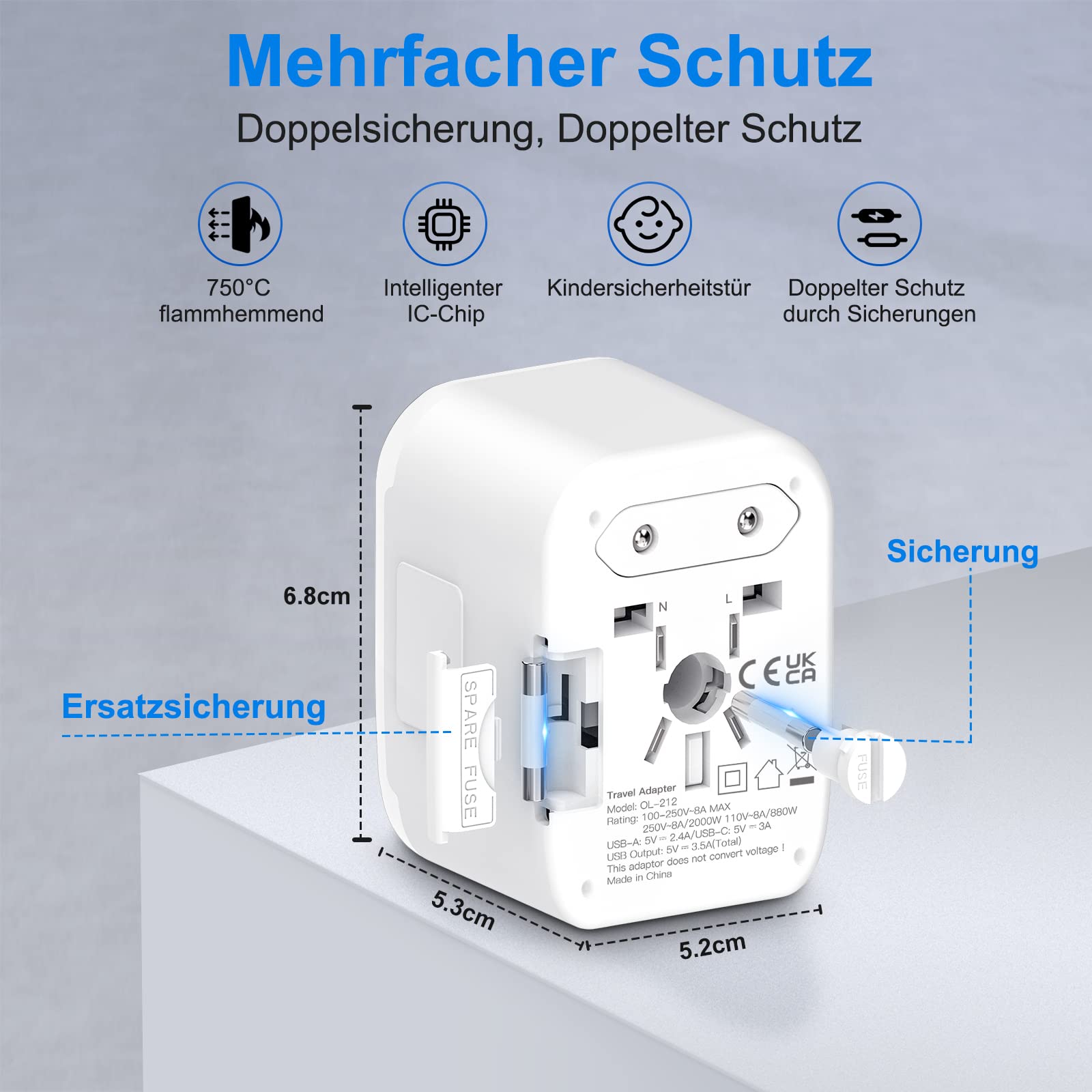 Produktbild von Universal-Reiseadapter Mit USB-C – Für über 150 Länder, 1 USB-A, Kompakt, Sicher