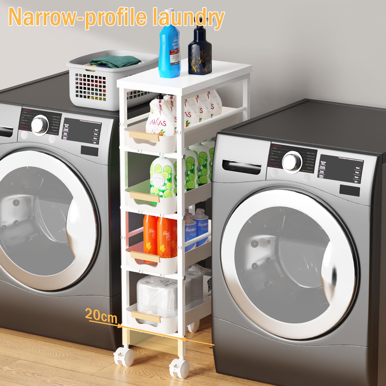 DROMEZ ROMEZ Carrello Cucina a 5 Ripiani, Carrellino Salvaspazio con 4 Cassetti, Bianco - Scaffale Stretto con Ruote, per Bagno Ufficio, L38 x B20 x H81 cm