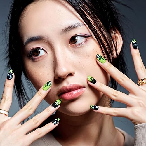 Miniatura 5 de GLAMERMAID Uñas postizas a presión ovaladas medianas, uñas acrílicas de almendra verde gótica de invierno, uñas postizas acrílicas ovaladas cortas,