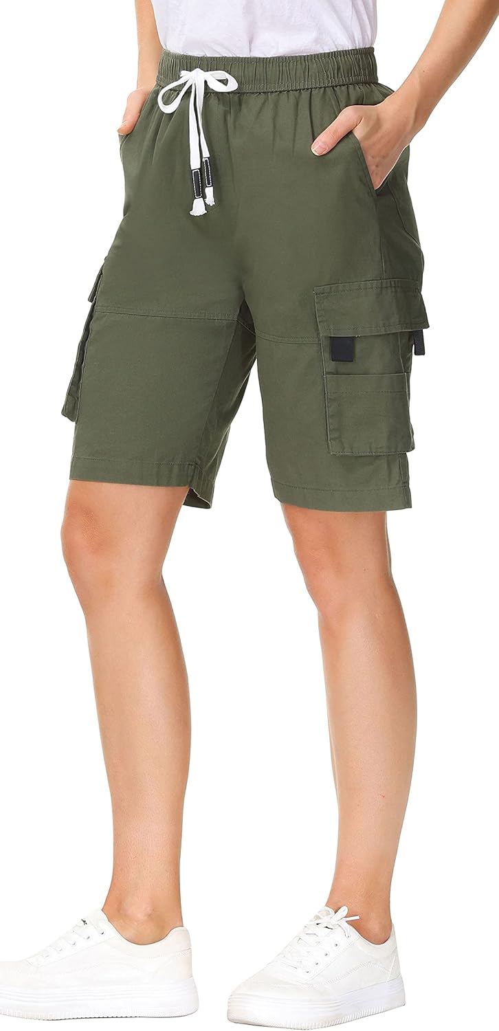 HOW'ON Women's Casual Loose Fit Twill Bermuda Cargo Shorts Multi Pocket Straight Shorts - Image 4