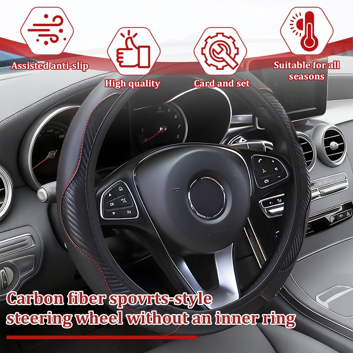 Carbon Fiber Car Steering Wheel Cover, 15 Inch Elastic Leather Vehicle Steer Wheel Protector Without Inner Ring, Anti-Slip Sporty Automotive Protection Accessories, Universal Fit (Black) - Image 3