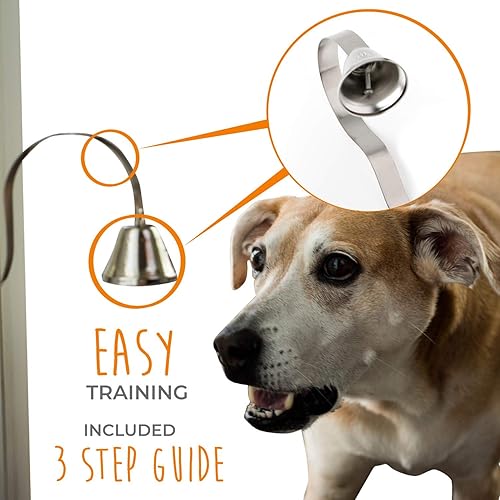 Miniatura 5 de Mighty Paw Timbre de metal para perro, campana duradera, sonido optimizado, incluye consejos de entrenamiento para timbre de perro, campana plateada