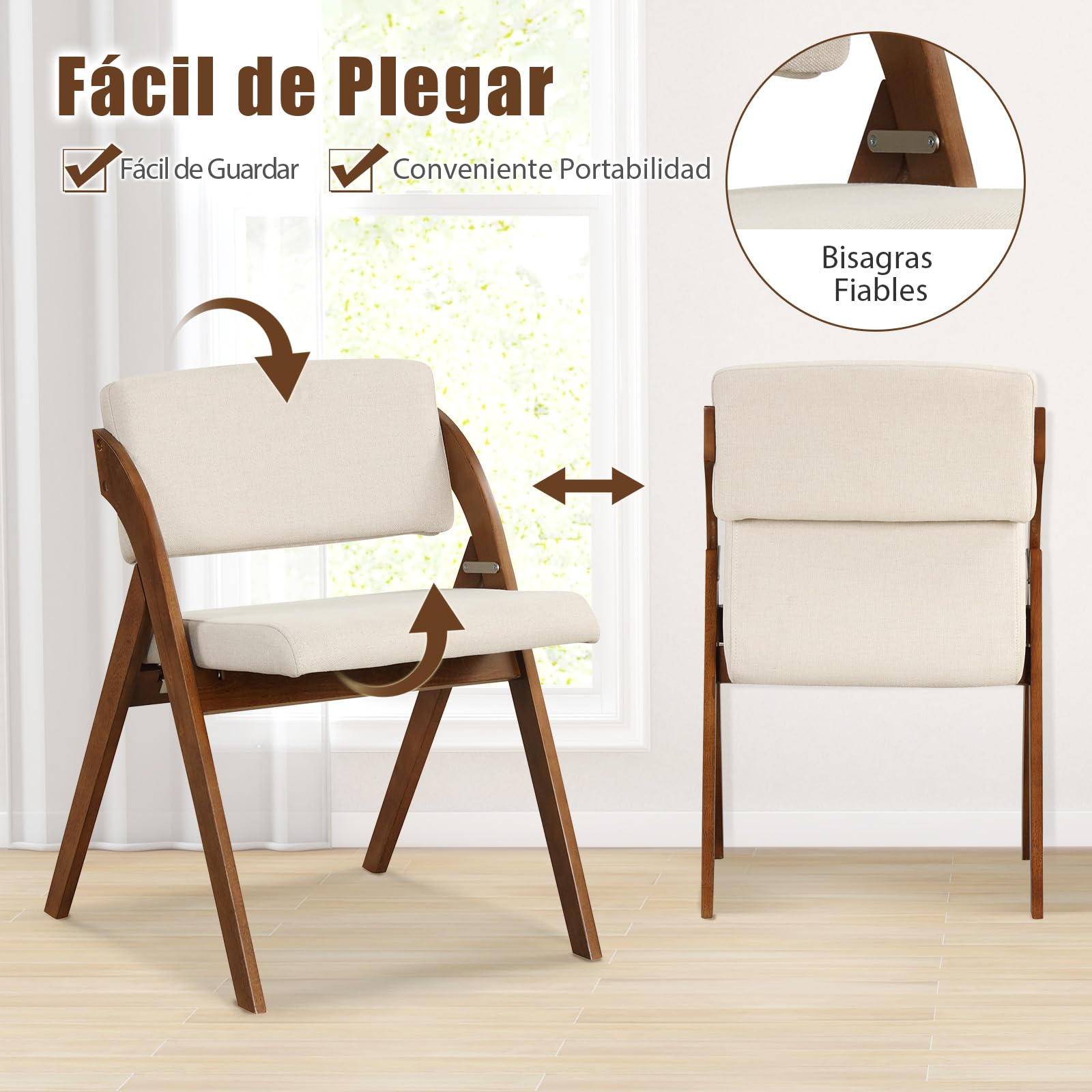 COSTWAY Juego de 2 Sillas de Comedor, Silla Plegable con Patas de Madera de Caucho, Asiento y Respaldo Acolchados, Silla de Cocina Portátil para Oficina y Cocina, 53 x 56 x 76 cm (Nogal y Beige)