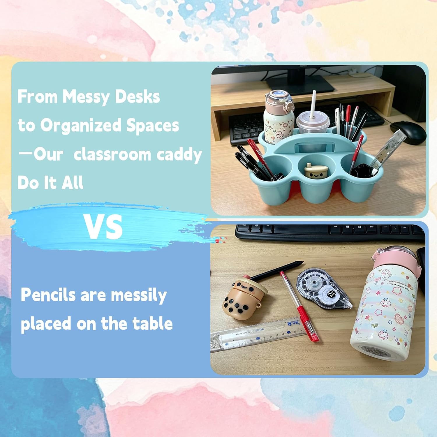 6 Pack Classroom Caddy Organizer with Handle Morandi Plastic Table Caddy 6 Compartments Storage Cup Holder for School Supplies Art Crafts Crayons Pencils Stackable Desk Daddy for Office image 5