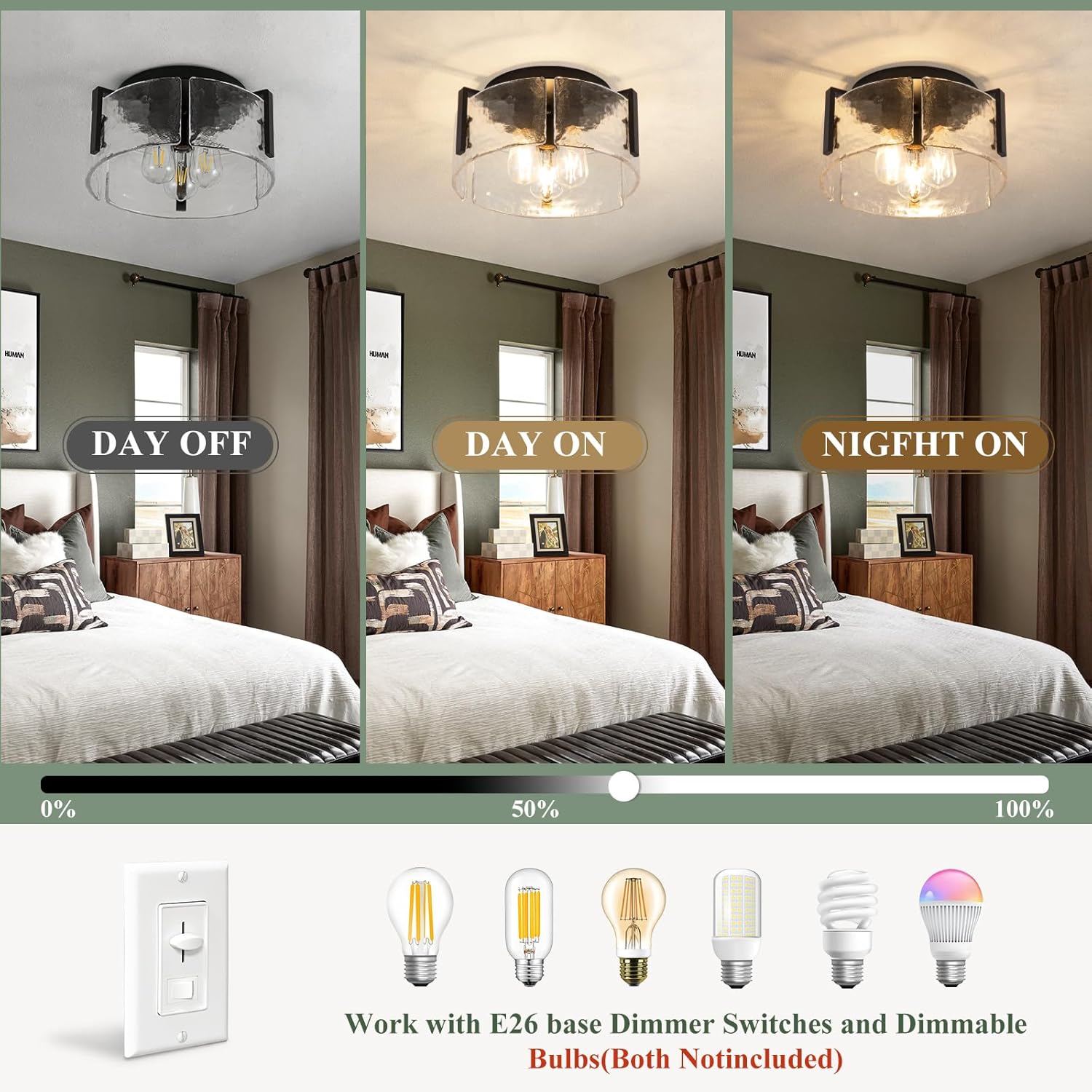 Black Semi Flush Mount Ceiling Light Fixture, Modern Glass Drum Ceiling Lights, 3-Light Hallway Light Fixtures for Kitchen Island, Bedroom, Bathroom, Laundry Room, Entryway