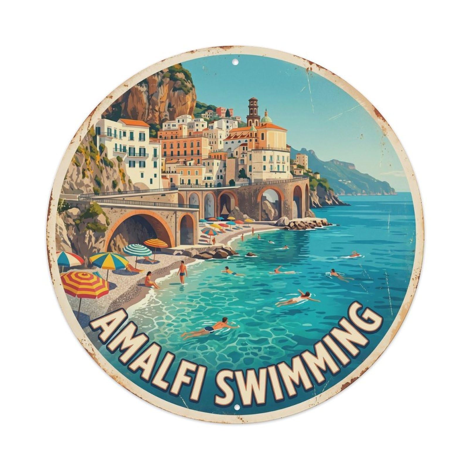 Amalfi Coast Swimming Holiday Vintage Travel Mediterranean Metal Tin Sign Plaque Wall Decor for Cafe, Man Cave, Club Bar, Office, Home Garden Round Metal Poster 8x8Inch