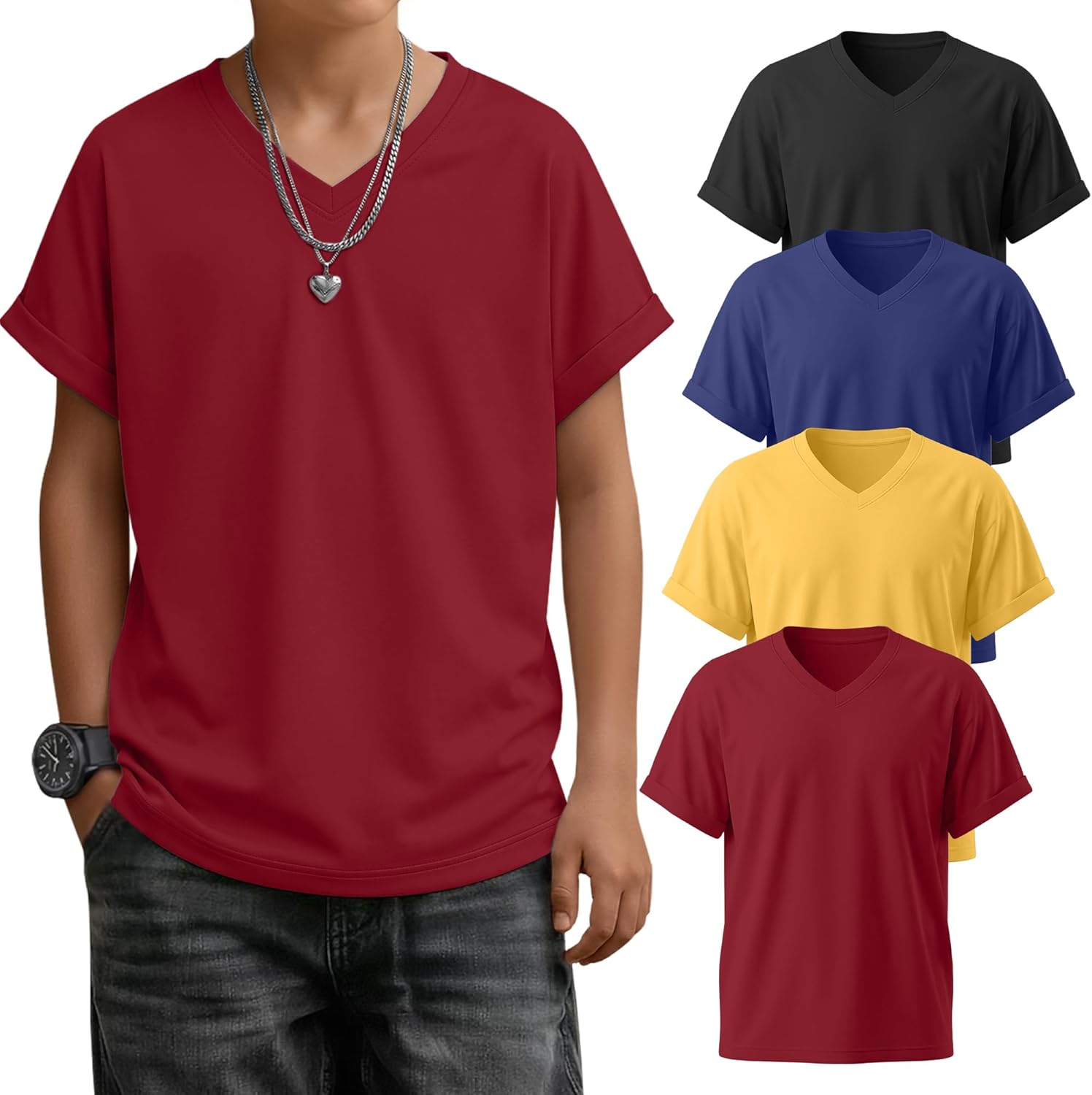 4 Pack Boys' Short Sleeve Shirts V Neck Kids Loose Fit T-Shirts Summer Casual Basic Rolled Cuff Tops for 5-14 Years
