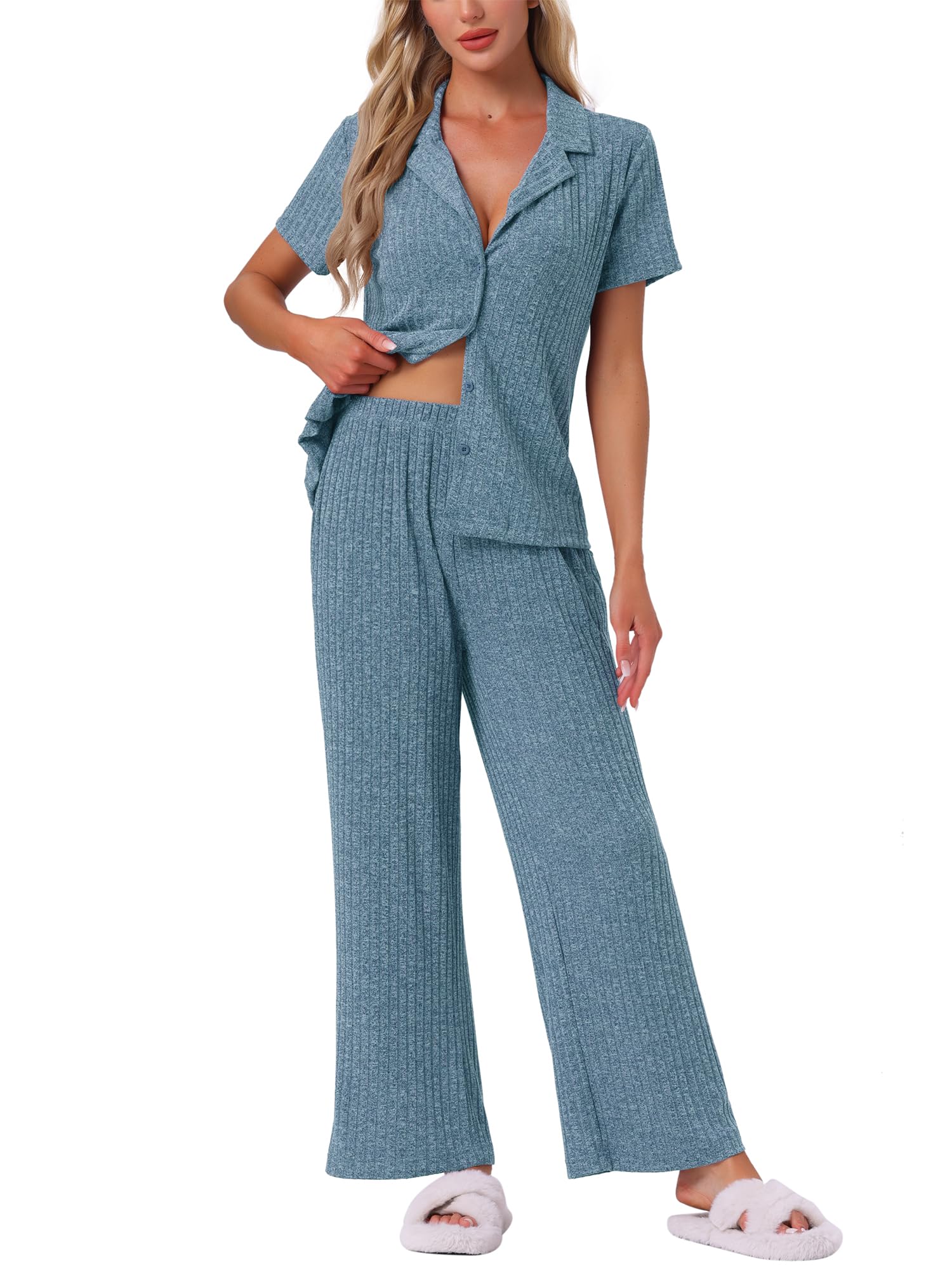cheibear Womens Ribbed Knit Lounge Set Short Sleeve Wide Pants Button Up 2 Piece Loungewear with Pockets