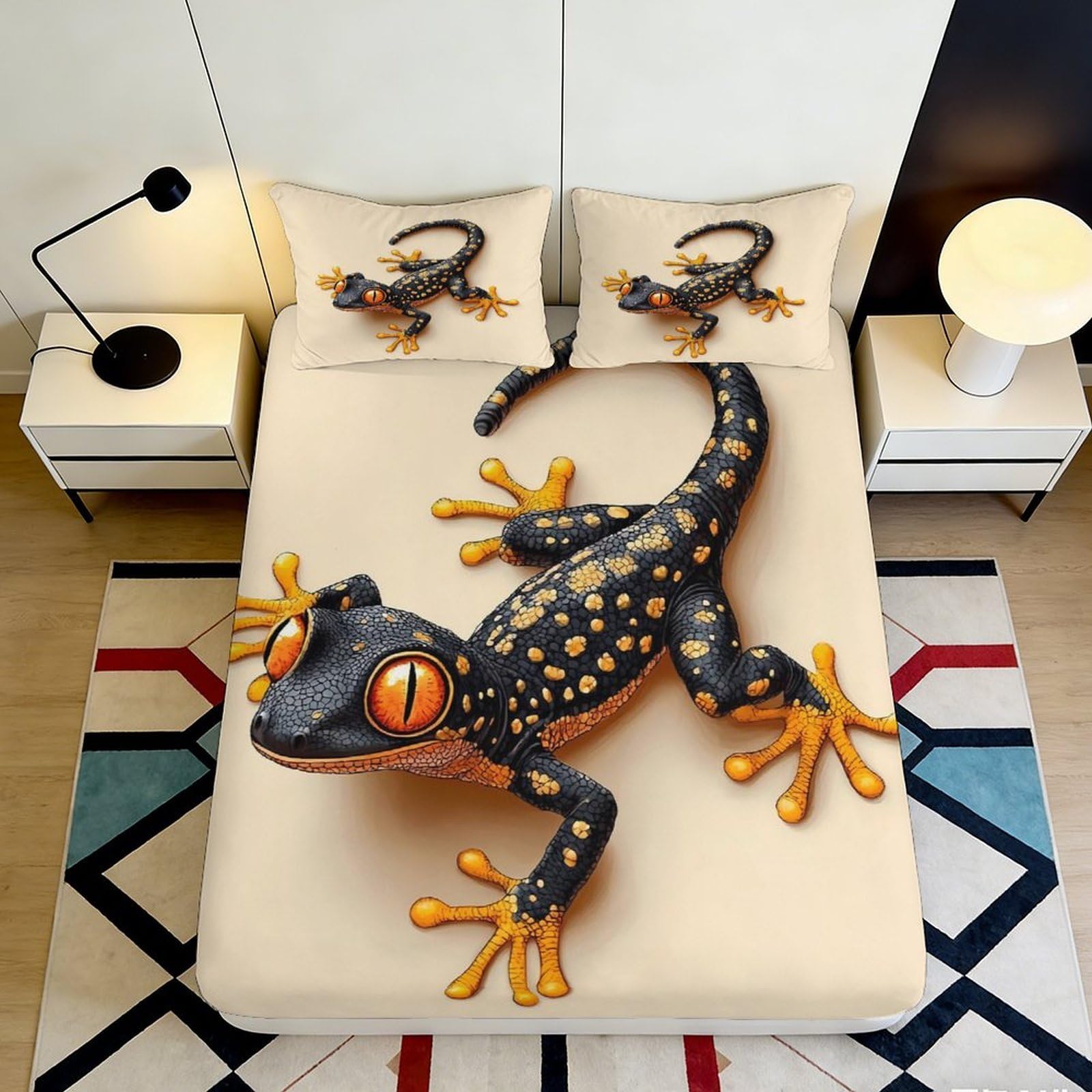 3D Printed Black Orange Gecko Fitted Sheet Microfiber Soft Breathable Lizard Pattern Mattress Cover for Bedroom Dorm Mattress Protection Decor 160x200x25cm