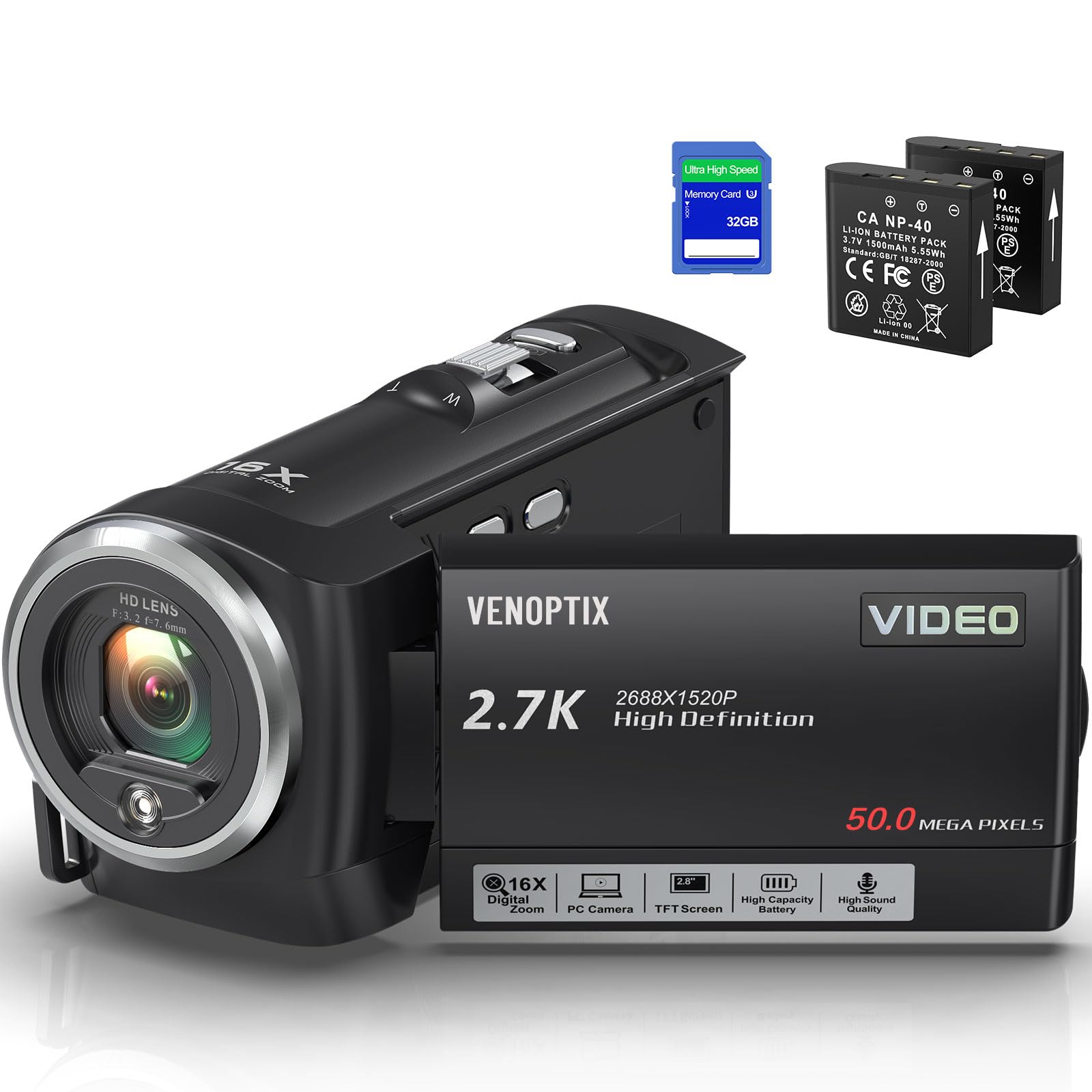 Video Camera 2.7K Camcorder QHD 50MP YouTube Vlogging Camera 16X Digital Zoom Webcam 270 Degree Rotation Screen Camcorders with 32G SD Card and 2 Batteries-picture-17