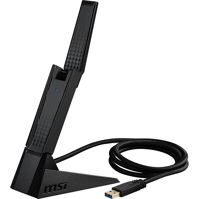 Msi AXE5400 WiFi 6E Adaptador USB Tri-Band, WLAN hasta 5400 Mbps (6GHz, 5GHz, 2.4GHz Inalámbrico), USB 3.2 Gen 1 Tipo-A, MU-MIMO, Antena Ajustable, Beamforming, WPA3, Soporte con Cable Incluido