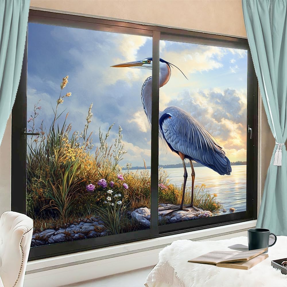 Rustic Heron Window Film Privacy Sunset Lake Beautiful Animals Birds Decorative Stained Glass Decal for Home, Adhesive Window Sticker 35.4Wx63L inch x 2pcs