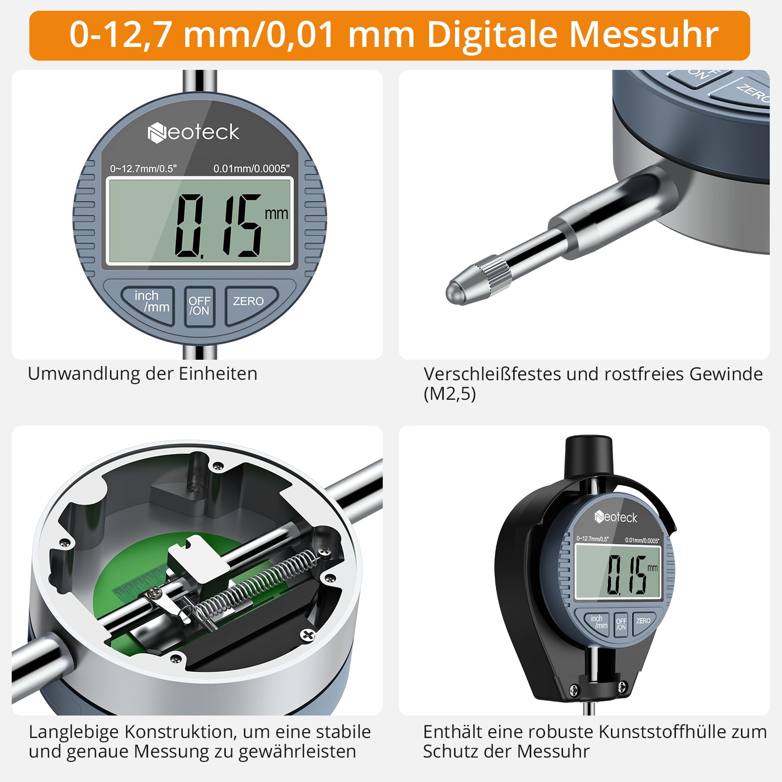 Neoteck Bohrungslehre Messuhr Set 18-160 mm Innendurchmesser Messuhr Aluminiumlegierung Hohe Präzision 0,01 mm Dial Bore Gauge Industriemesswerkzeug